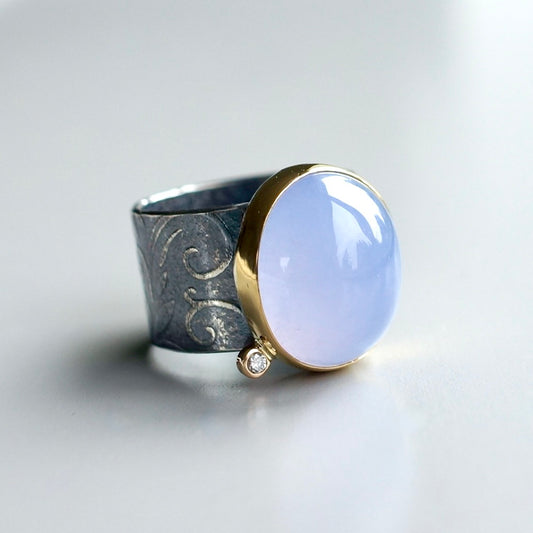 Namibian Blue Chalcedony and diamond ring