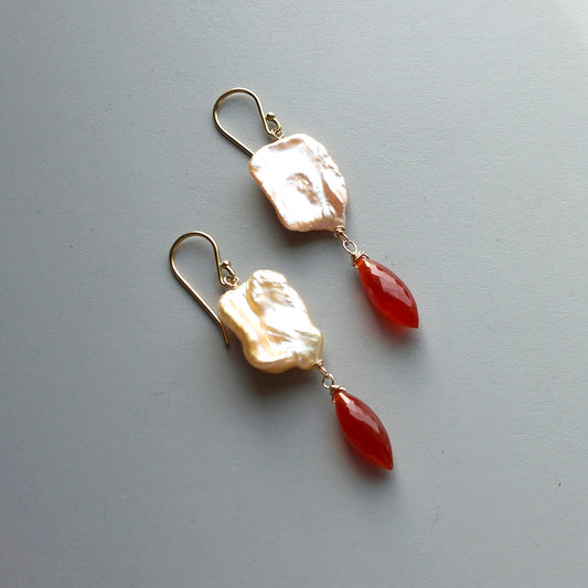 Keshi pearl and carnelian earrings