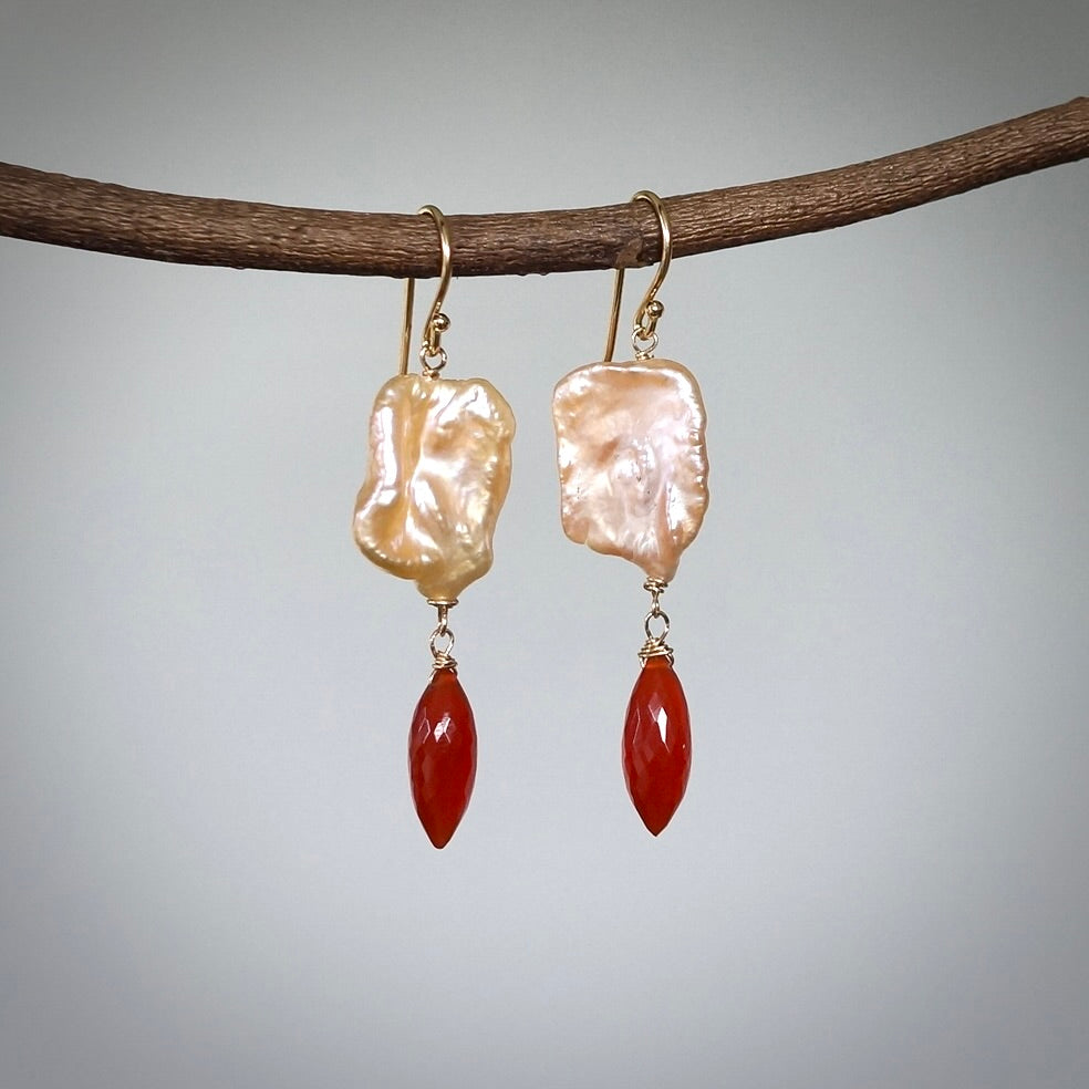 Keshi pearl and carnelian earrings