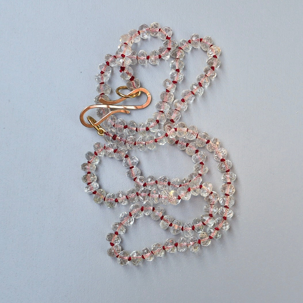 20” White Topaz necklace hand-knotted with red silk