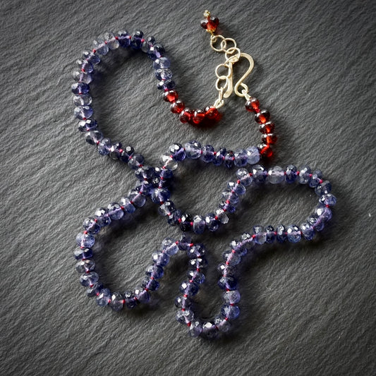 Knotted Iolite and garnet necklace