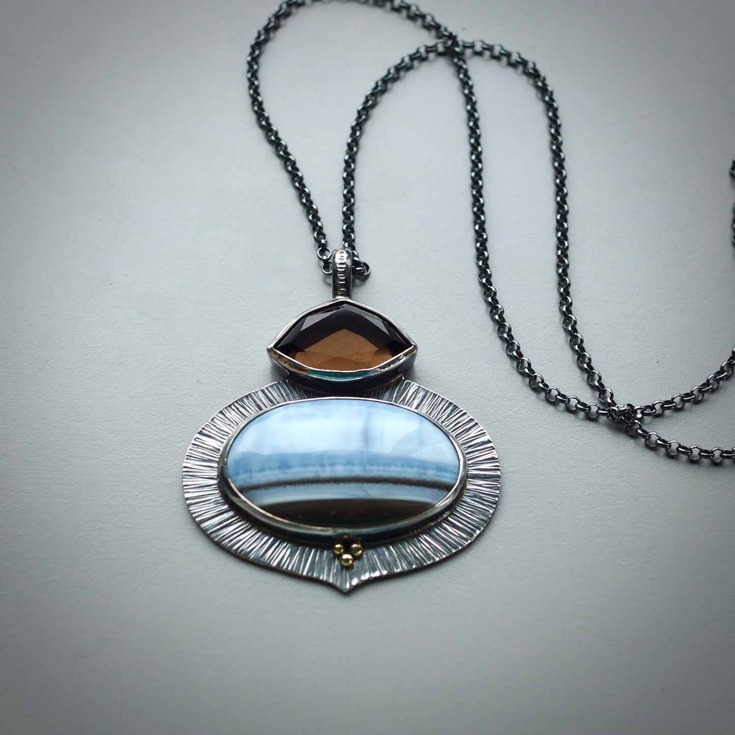 Owyhee blue opal and smokey quartz pendant