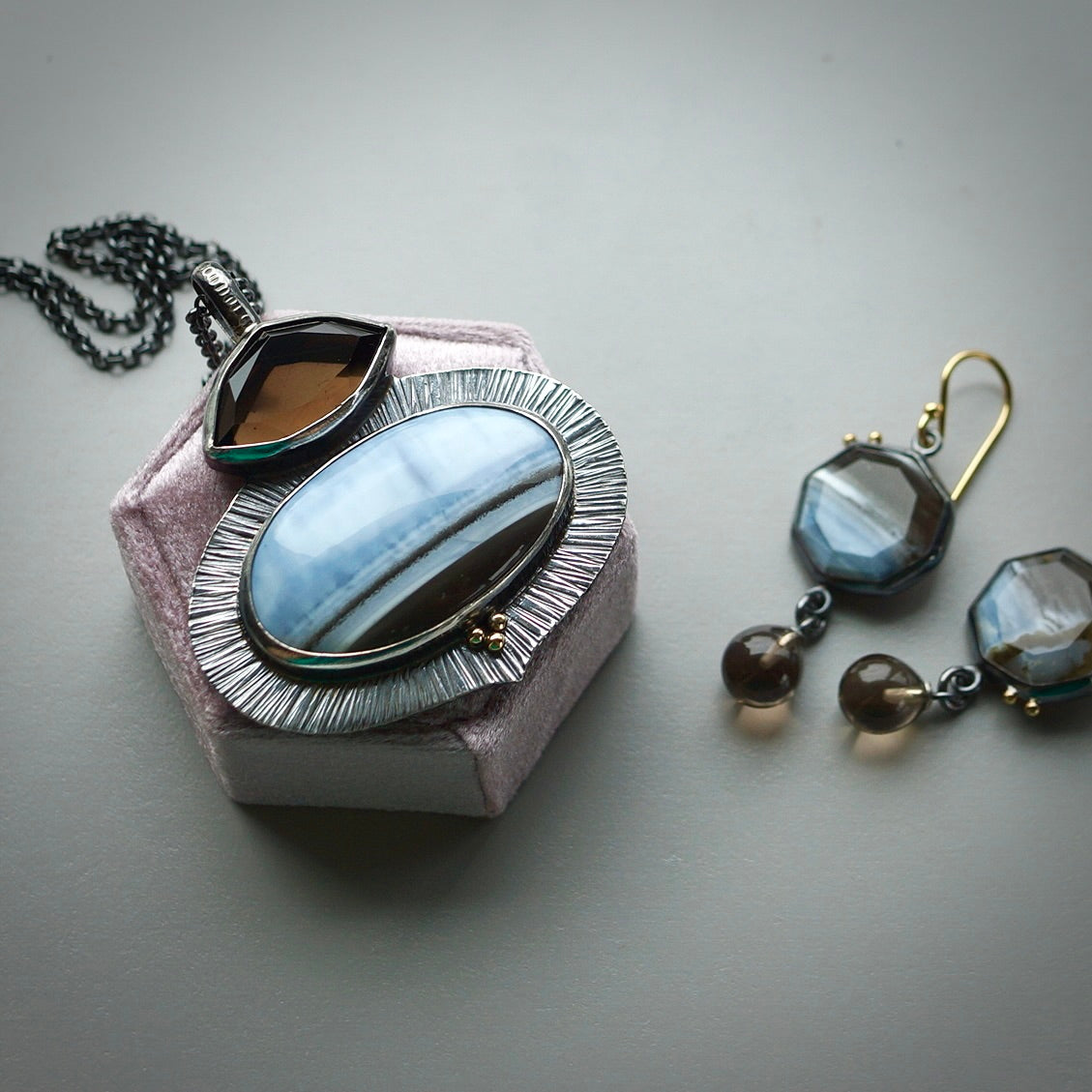 Owyhee blue opal and smokey quartz pendant