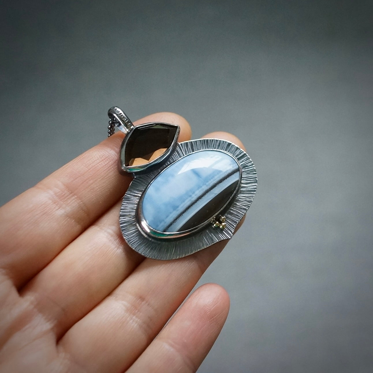 Owyhee blue opal and smokey quartz pendant