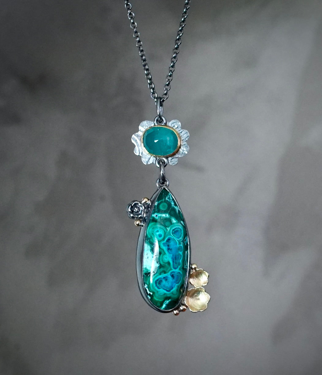Grandidierite and malachite-chrysocolla flowering pendant