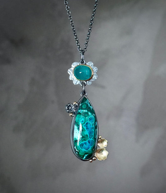 Grandidierite and malachite-chrysocolla flowering pendant