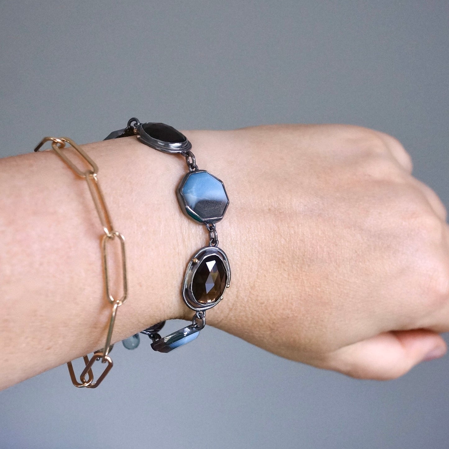 Owyhee blue opal and smokey quartz bracelet