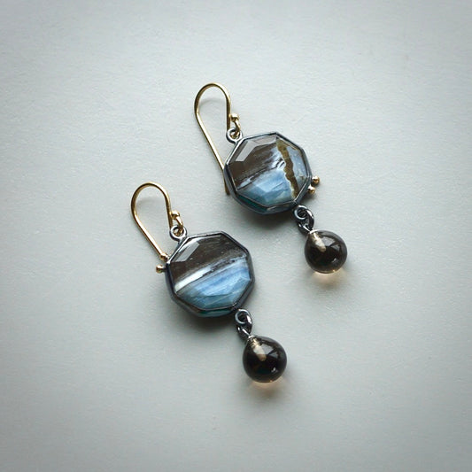 Owyhee blue opal earrings with smokey quartz