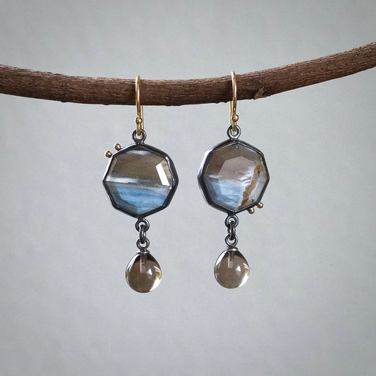 Owyhee blue opal earrings with smokey quartz