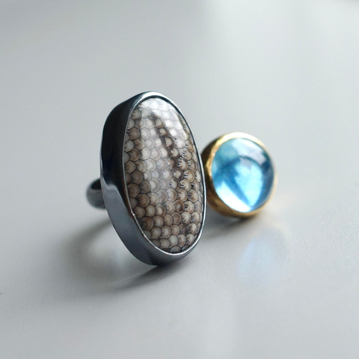 Snakeskin fossil and aquamarine ring