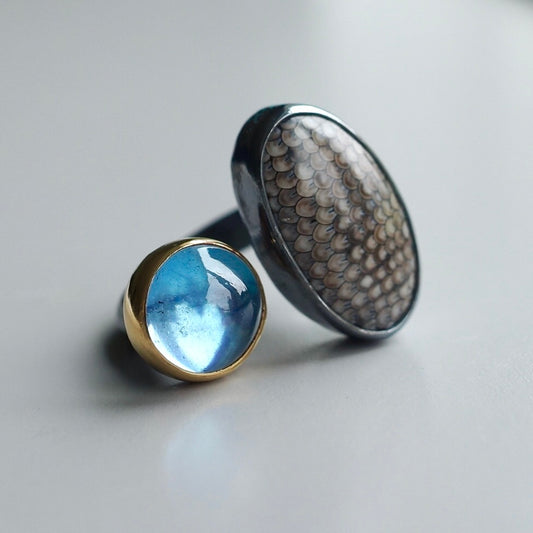 Snakeskin fossil and aquamarine ring