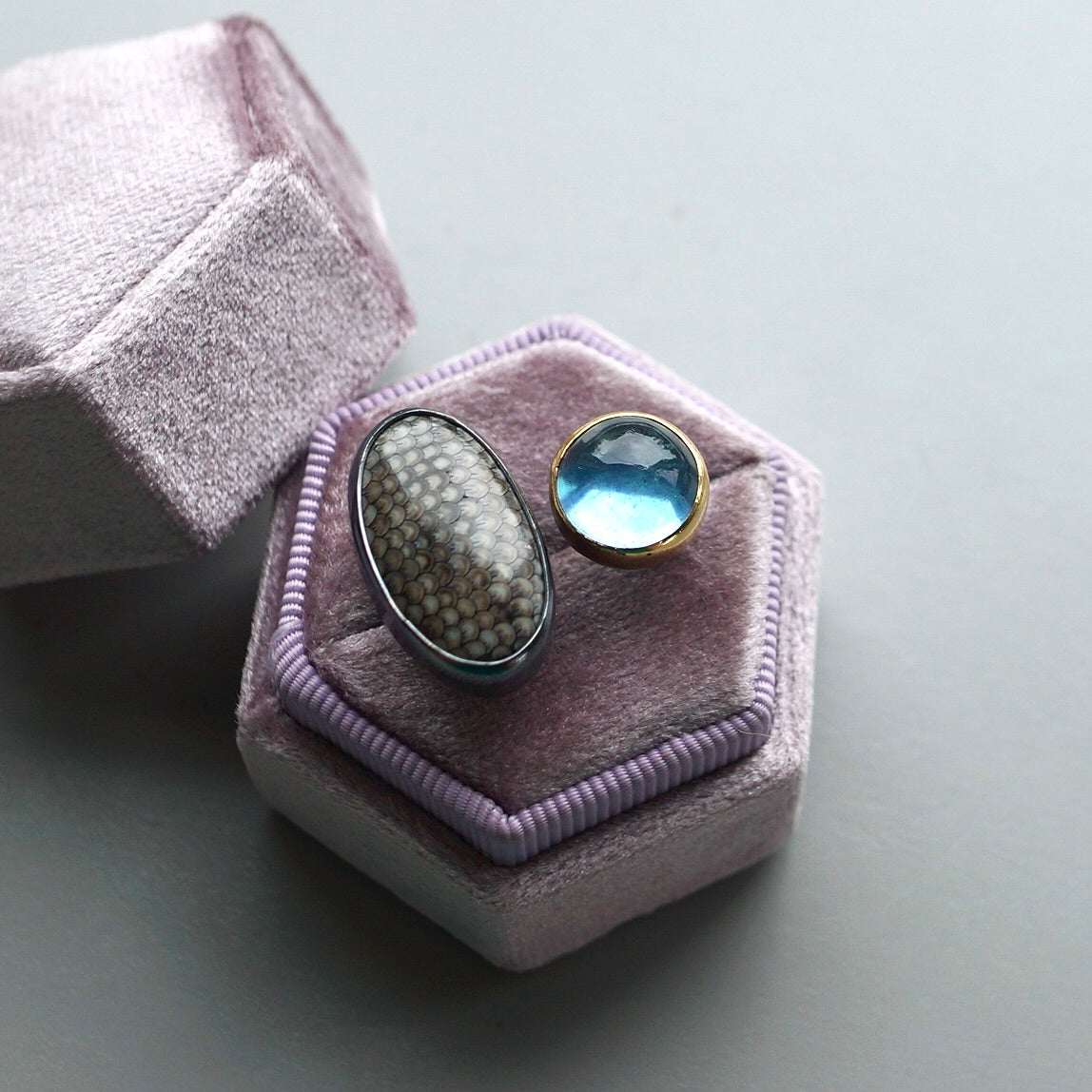 Snakeskin fossil and aquamarine ring