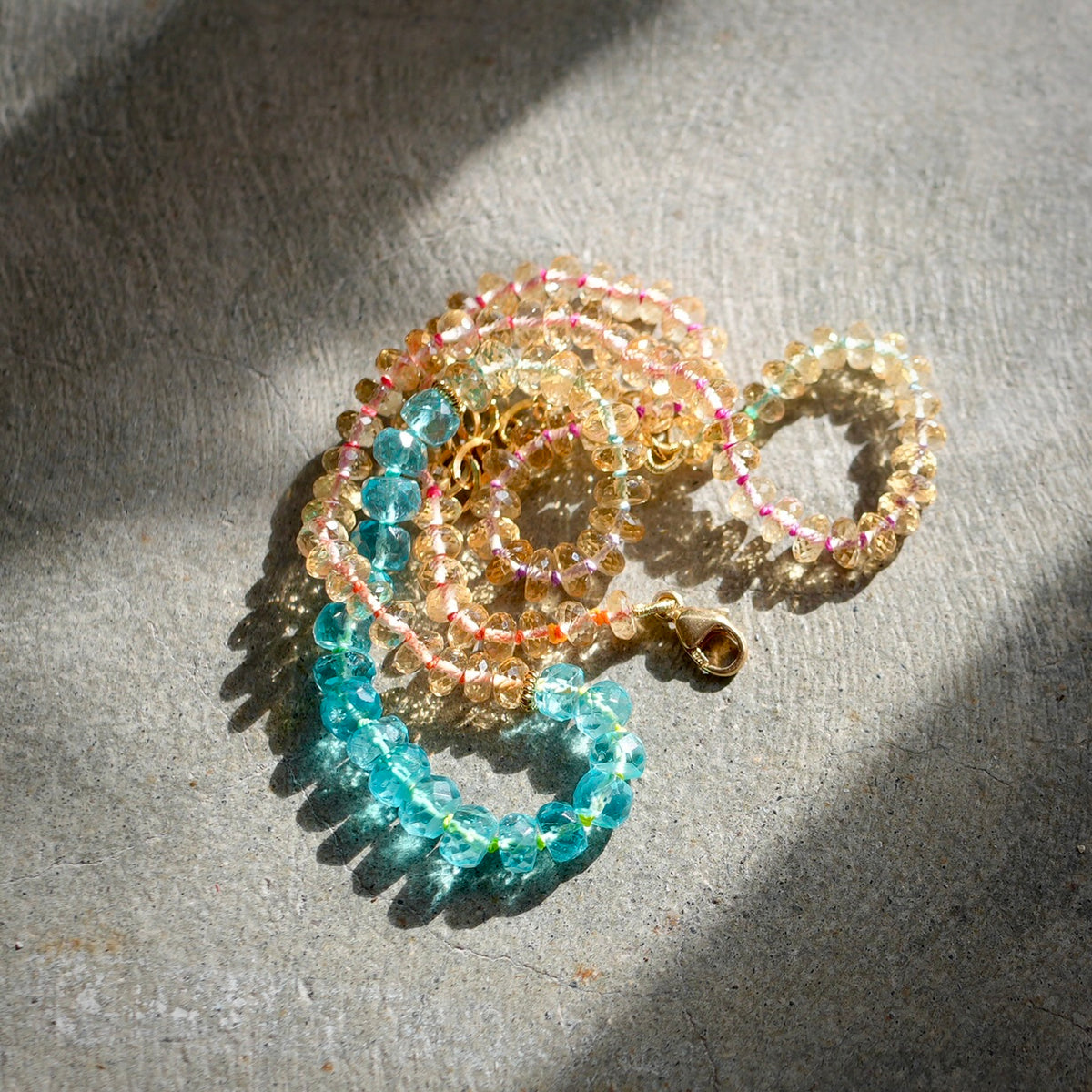 Citrine and apatite hand-knotted with rainbow silk necklace