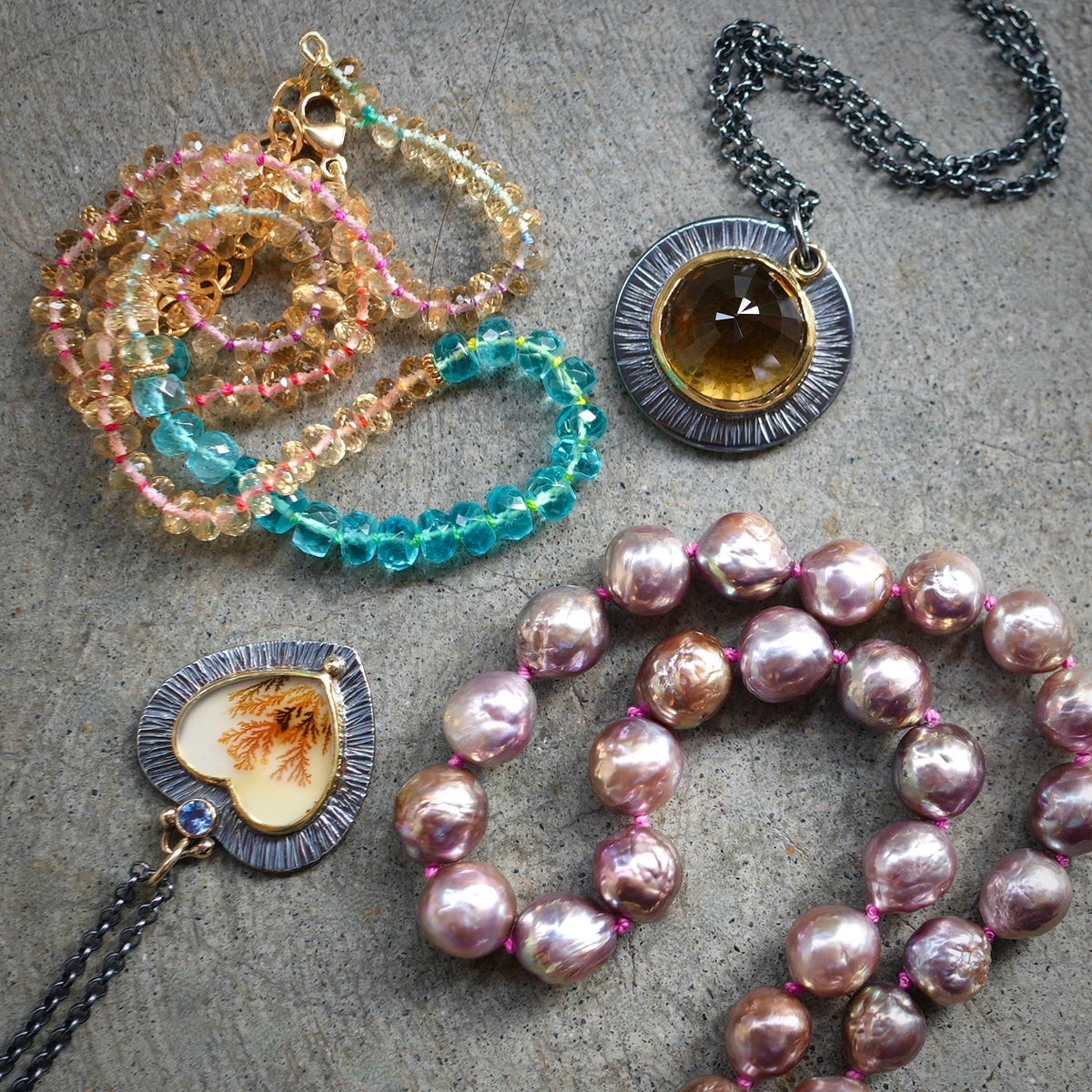 Citrine and apatite hand-knotted with rainbow silk necklace