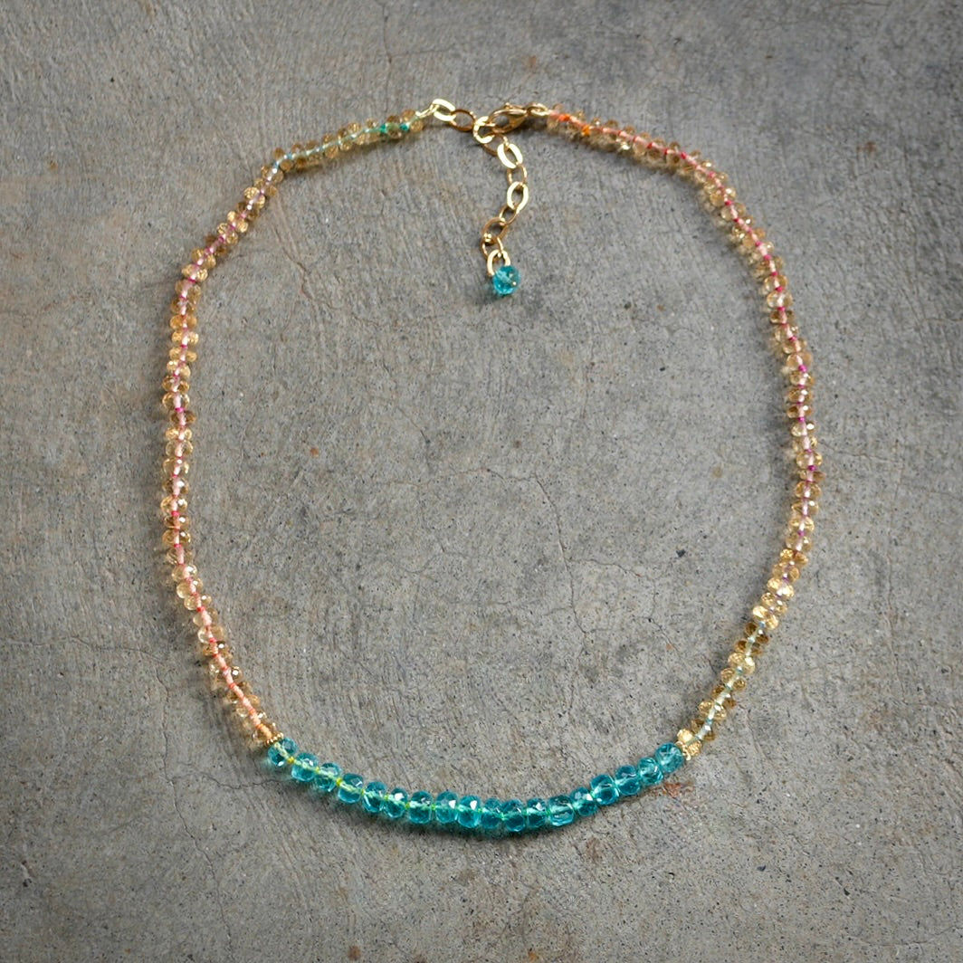 Citrine and apatite hand-knotted with rainbow silk necklace