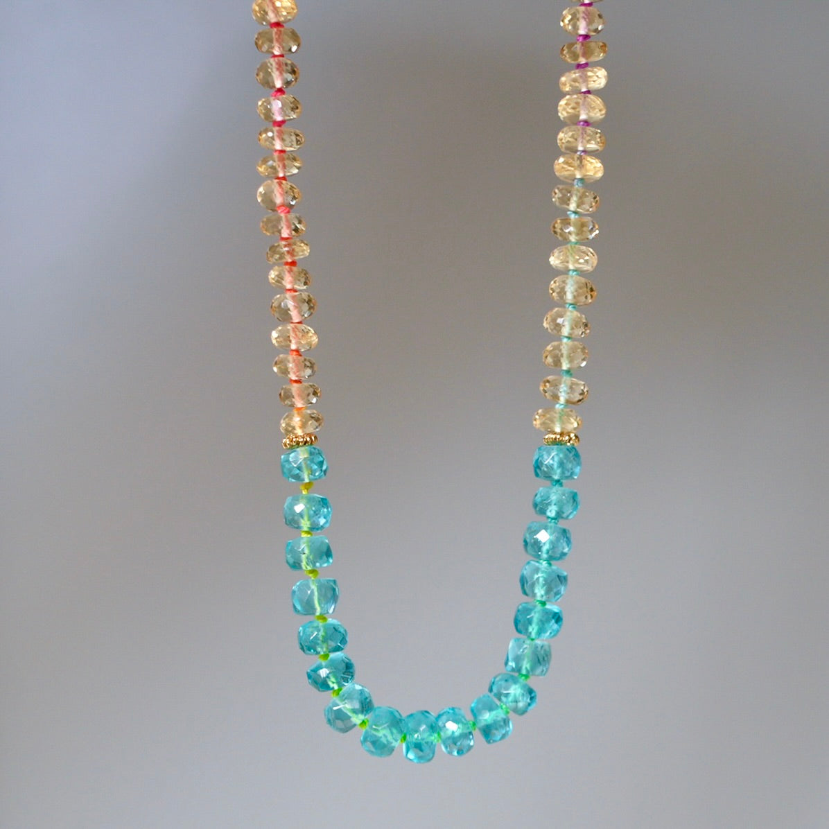 Citrine and apatite hand-knotted with rainbow silk necklace
