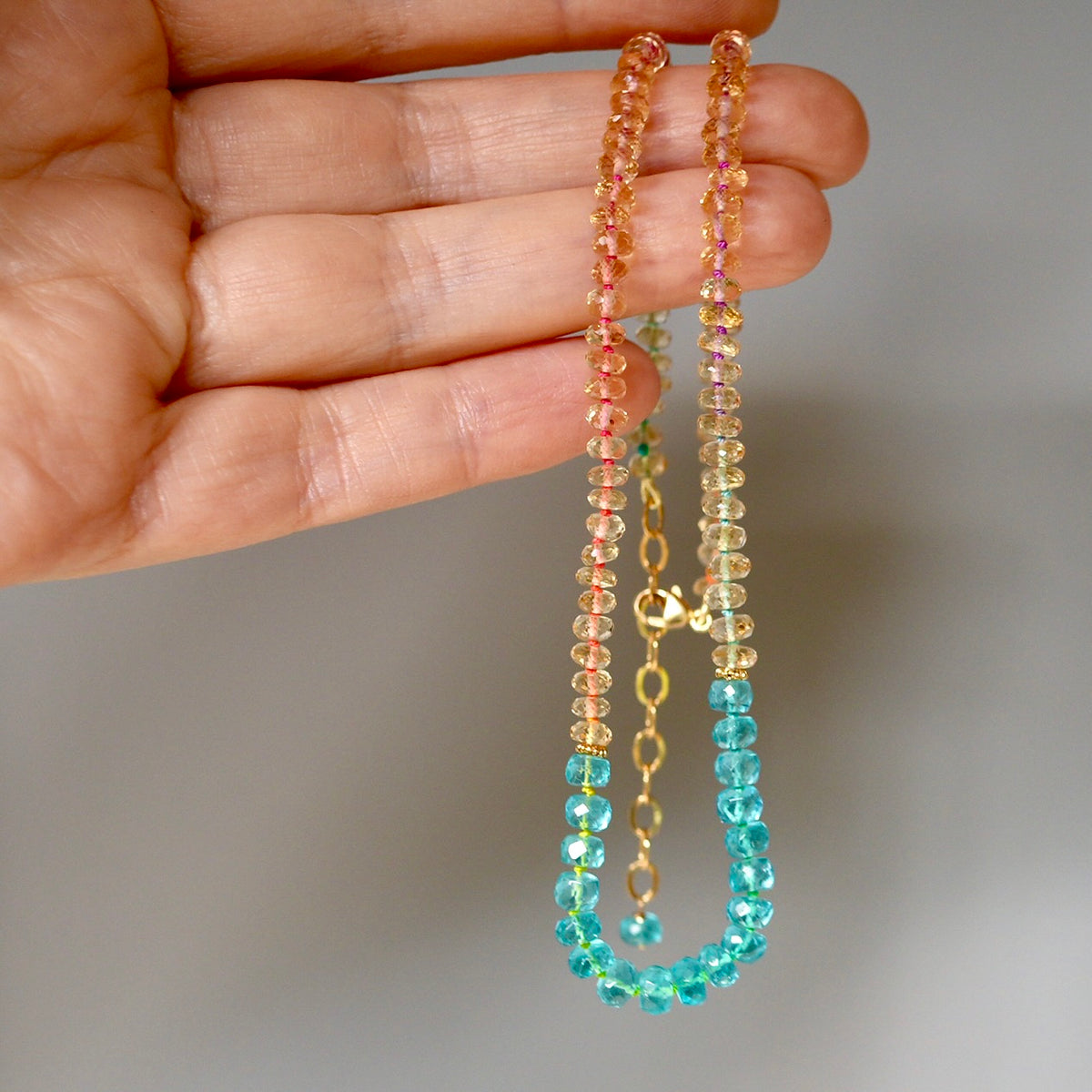 Citrine and apatite hand-knotted with rainbow silk necklace