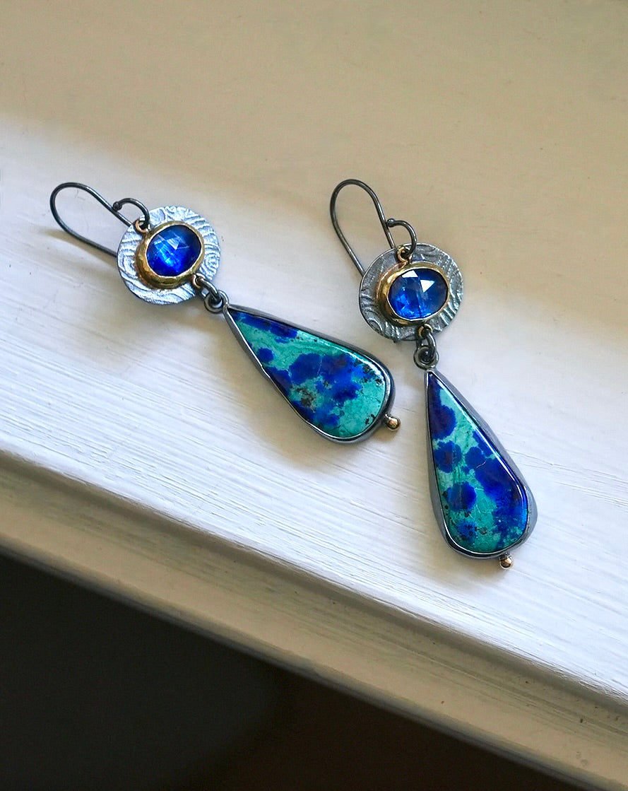 Azurite malachite and blue kyanite earrings