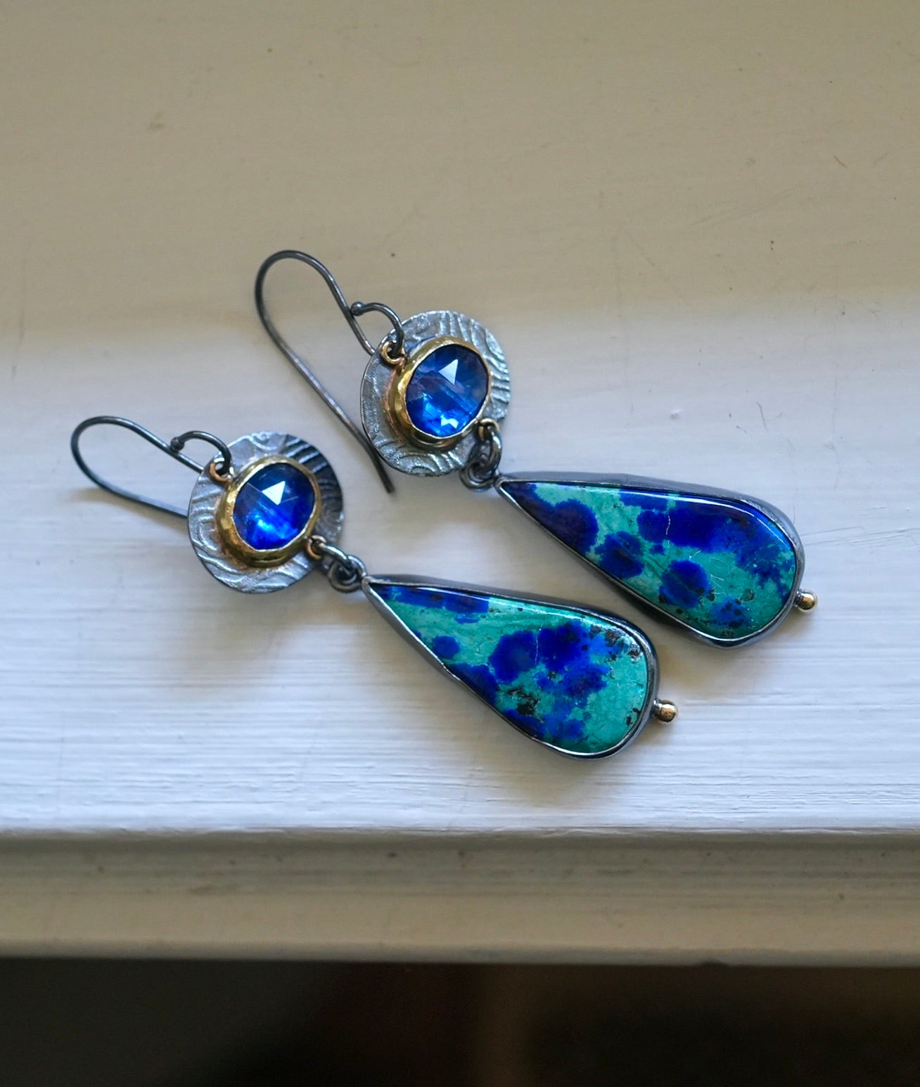 Azurite malachite and blue kyanite earrings