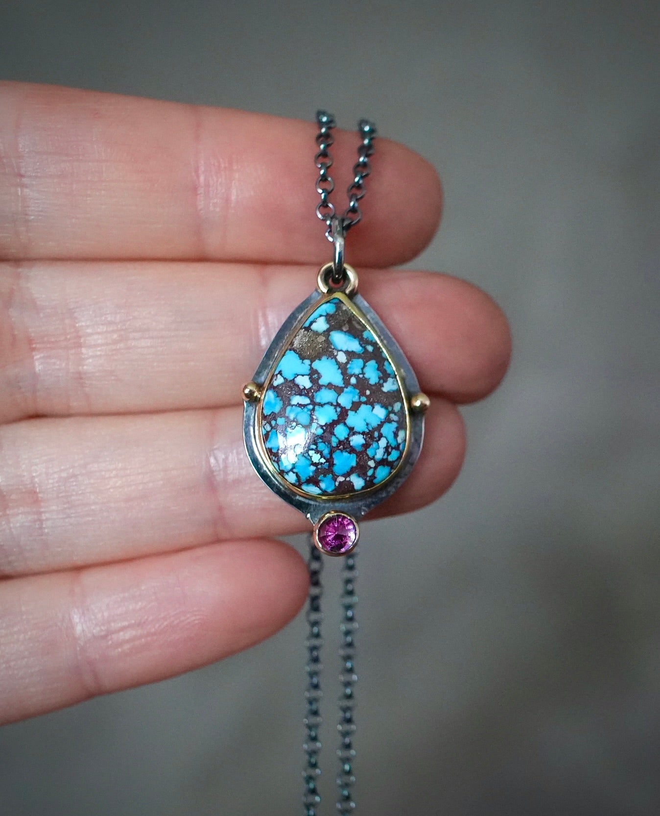 Golden Hills turquoise and pink sapphire pendant