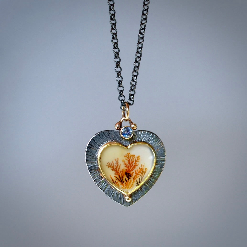 Dendritic agate, and Montana Sapphire heart pendant
