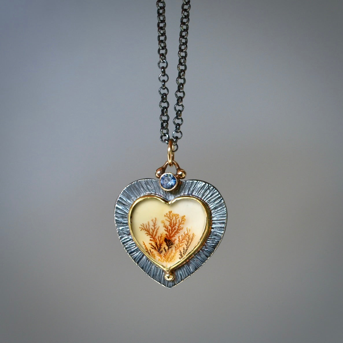 Dendritic agate, and Montana Sapphire heart pendant