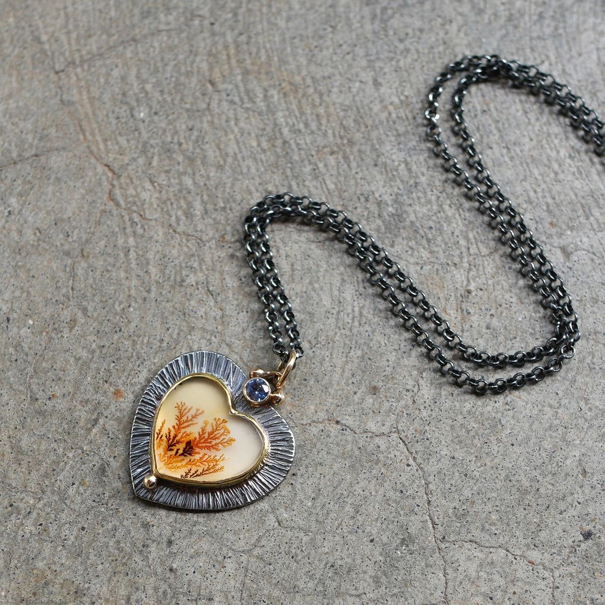 Dendritic agate, and Montana Sapphire heart pendant