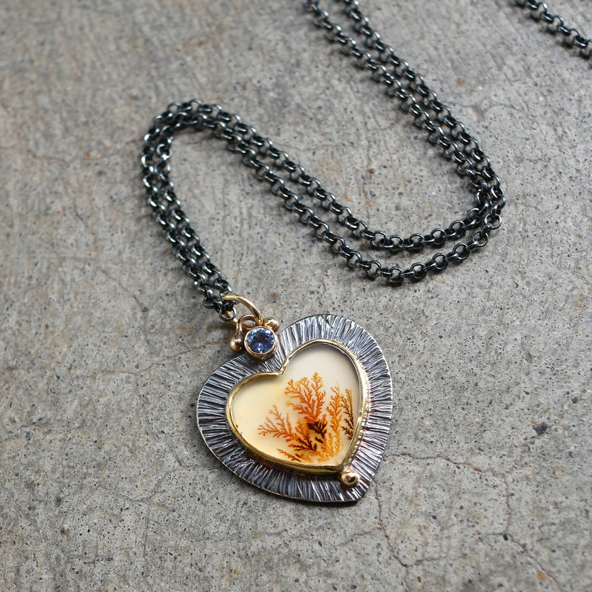 Dendritic agate, and Montana Sapphire heart pendant