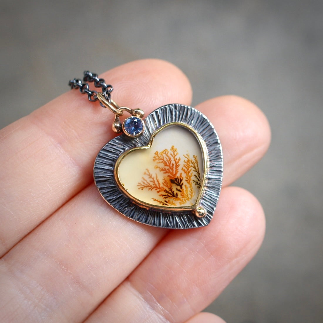 Dendritic agate, and Montana Sapphire heart pendant