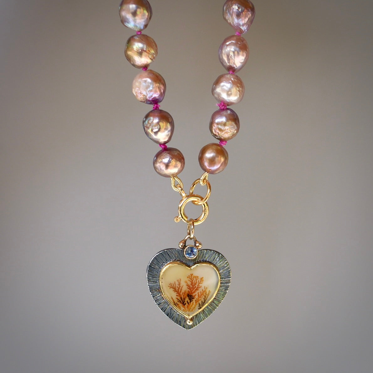 Dendritic agate, and Montana Sapphire heart pendant