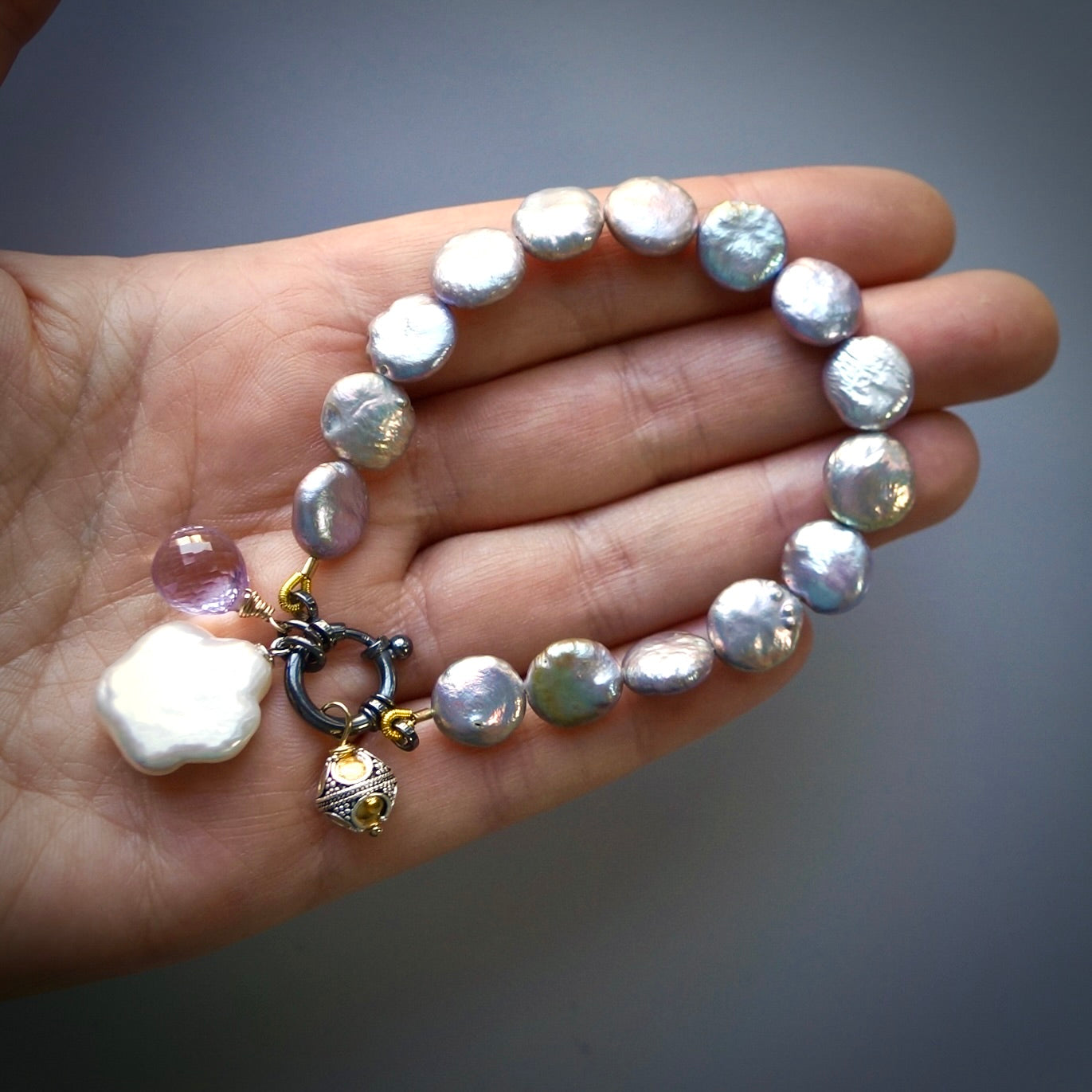 Grey-lavender pearl, pink amethyst and flower pearl charm bracelet