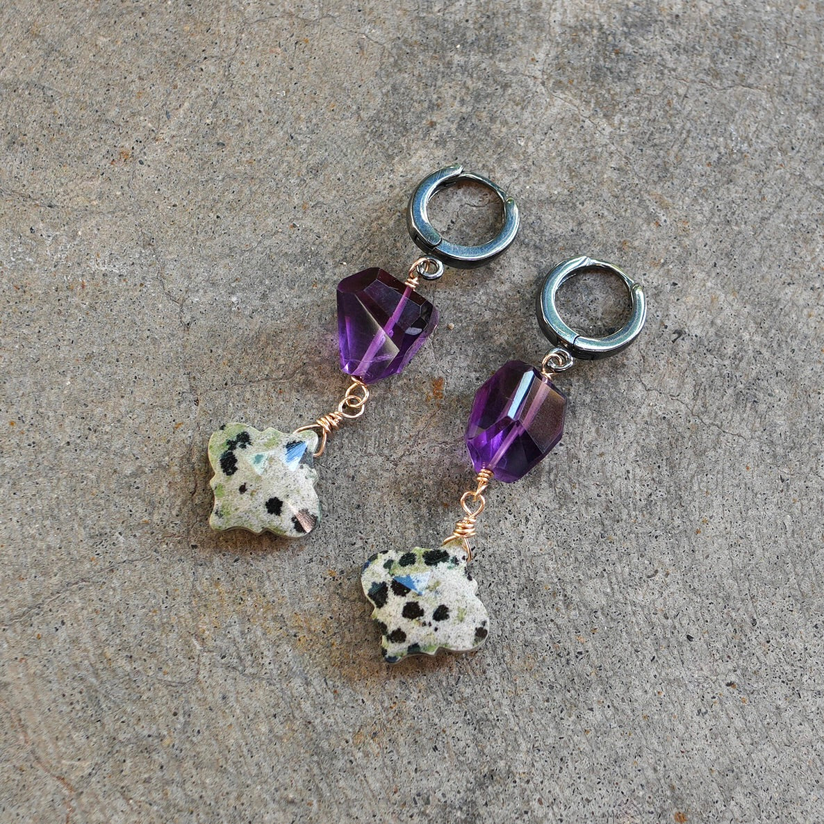 Amethyst and Dalmatian jasper earrings