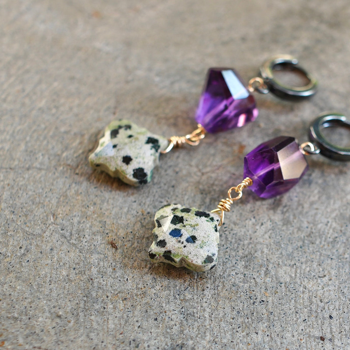 Amethyst and Dalmatian jasper earrings