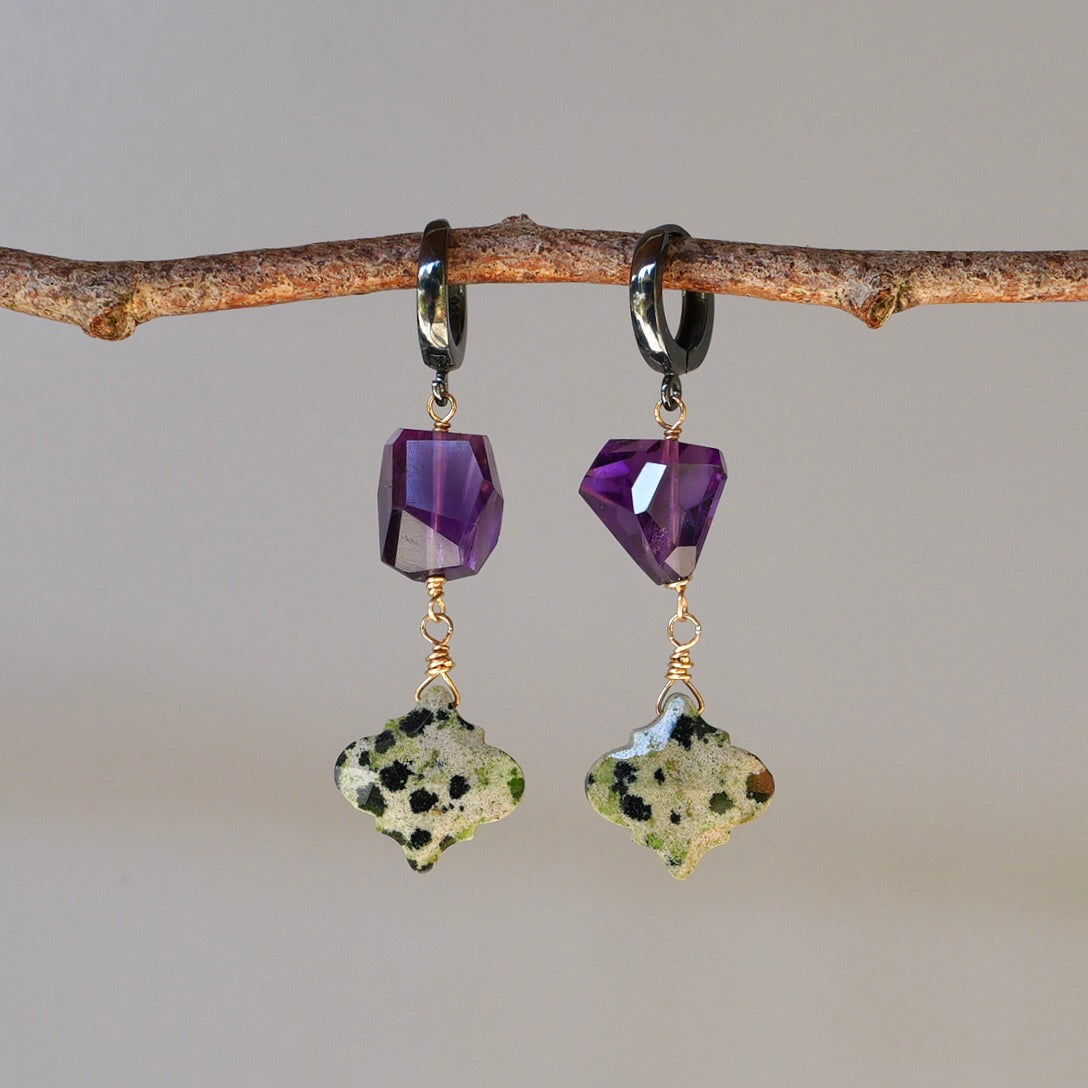 Amethyst and Dalmatian jasper earrings