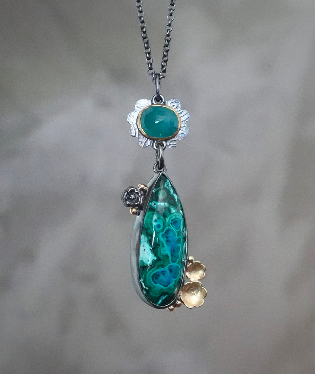 Grandidierite and malachite-chrysocolla flowering pendant