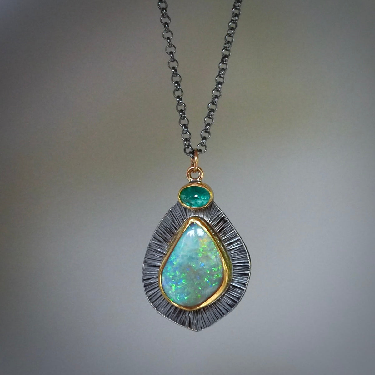 Lightning Ridge Crystal Opal and emerald pendant