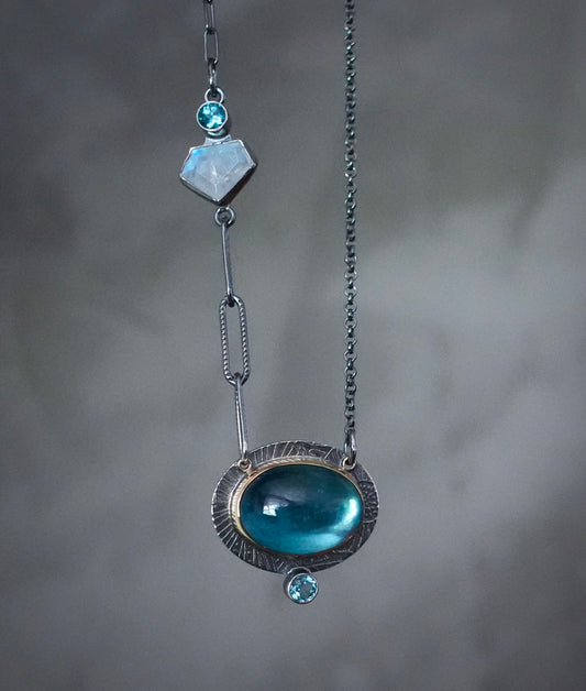 Aquamarine, blue topaz and rainbow moonstone necklace