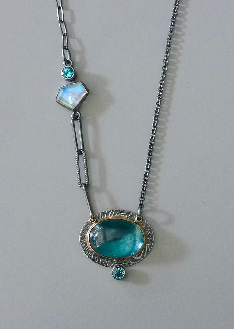 Aquamarine, blue topaz and rainbow moonstone necklace