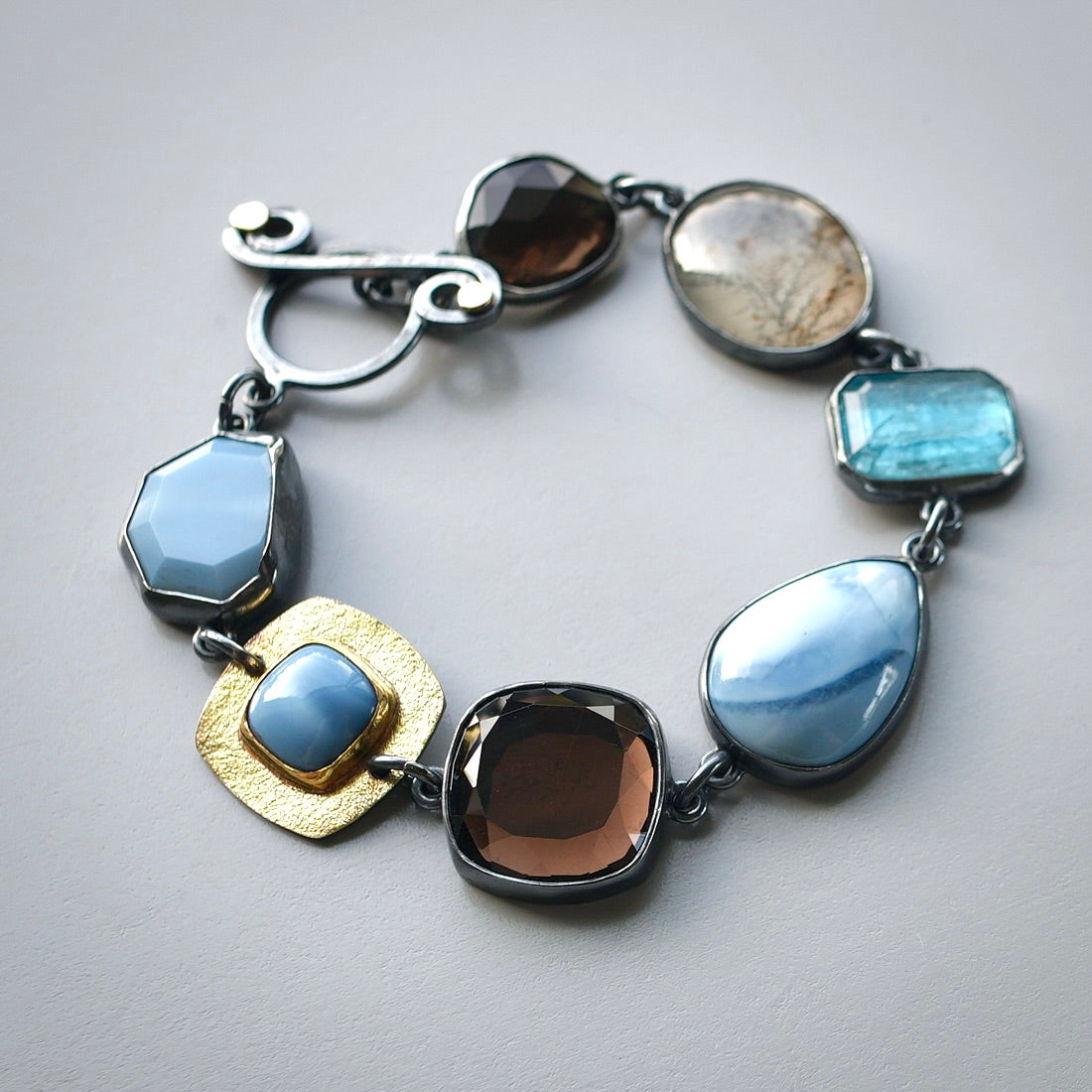 Blue opal, smokey quartz and dendritic agate bracelet
