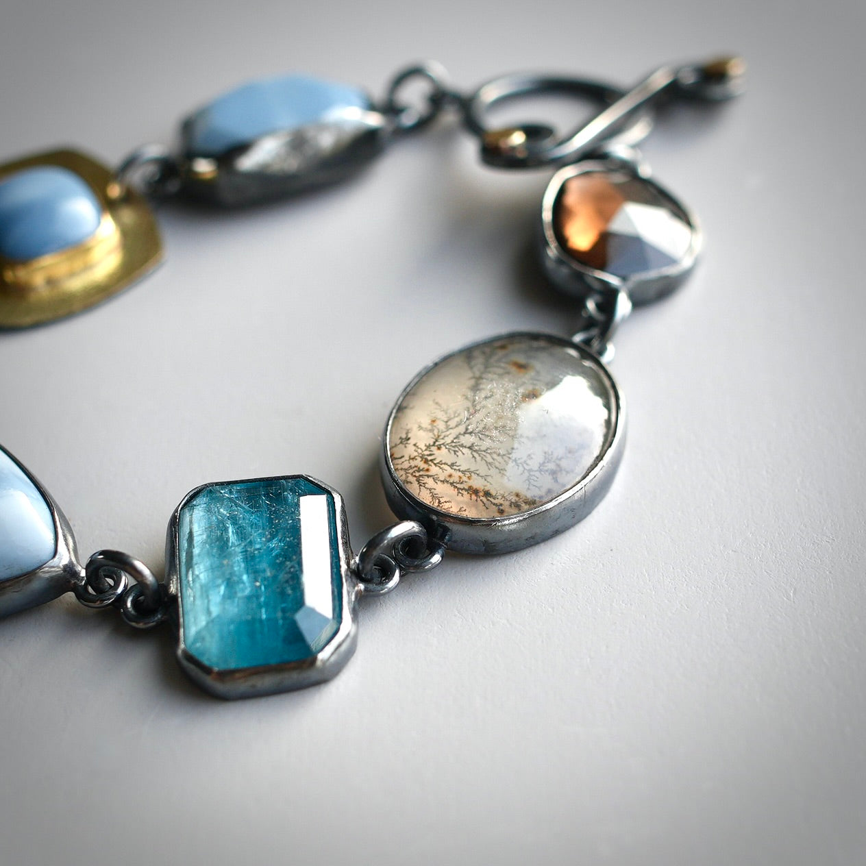 Blue opal, smokey quartz and dendritic agate bracelet