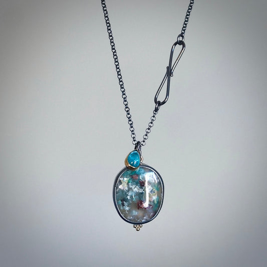 Chrysocolla copper and blue apatite charm necklace