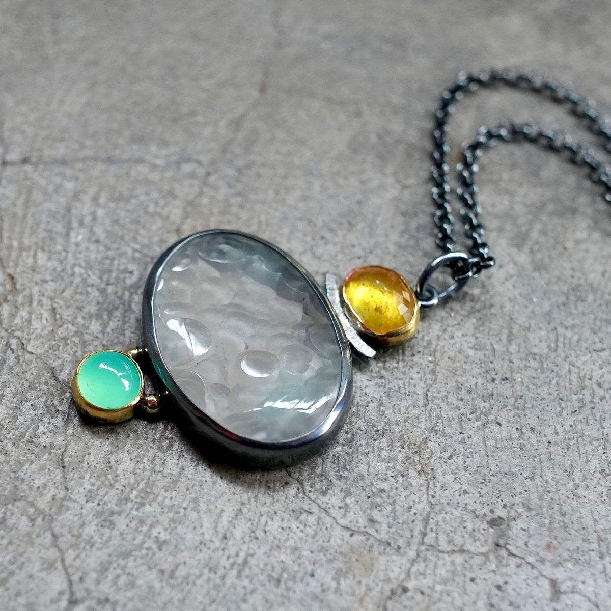 Botryoidal chalcedony druzy, yellow sapphire and chrysoprase pendant