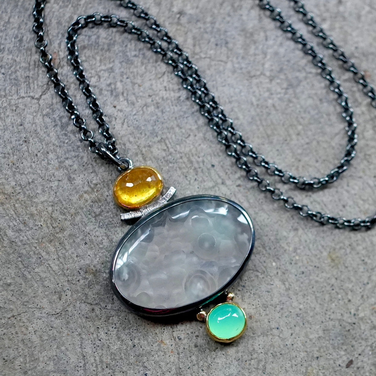 Botryoidal chalcedony druzy, yellow sapphire and chrysoprase pendant