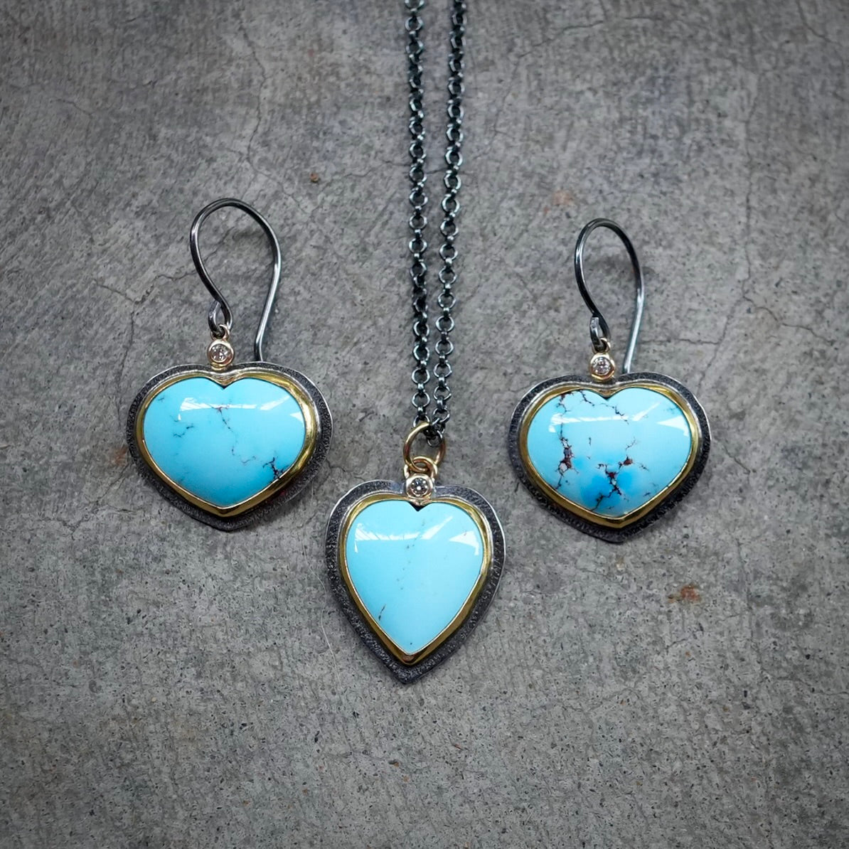 Golden Hills turquoise heart earrings with diamond accents