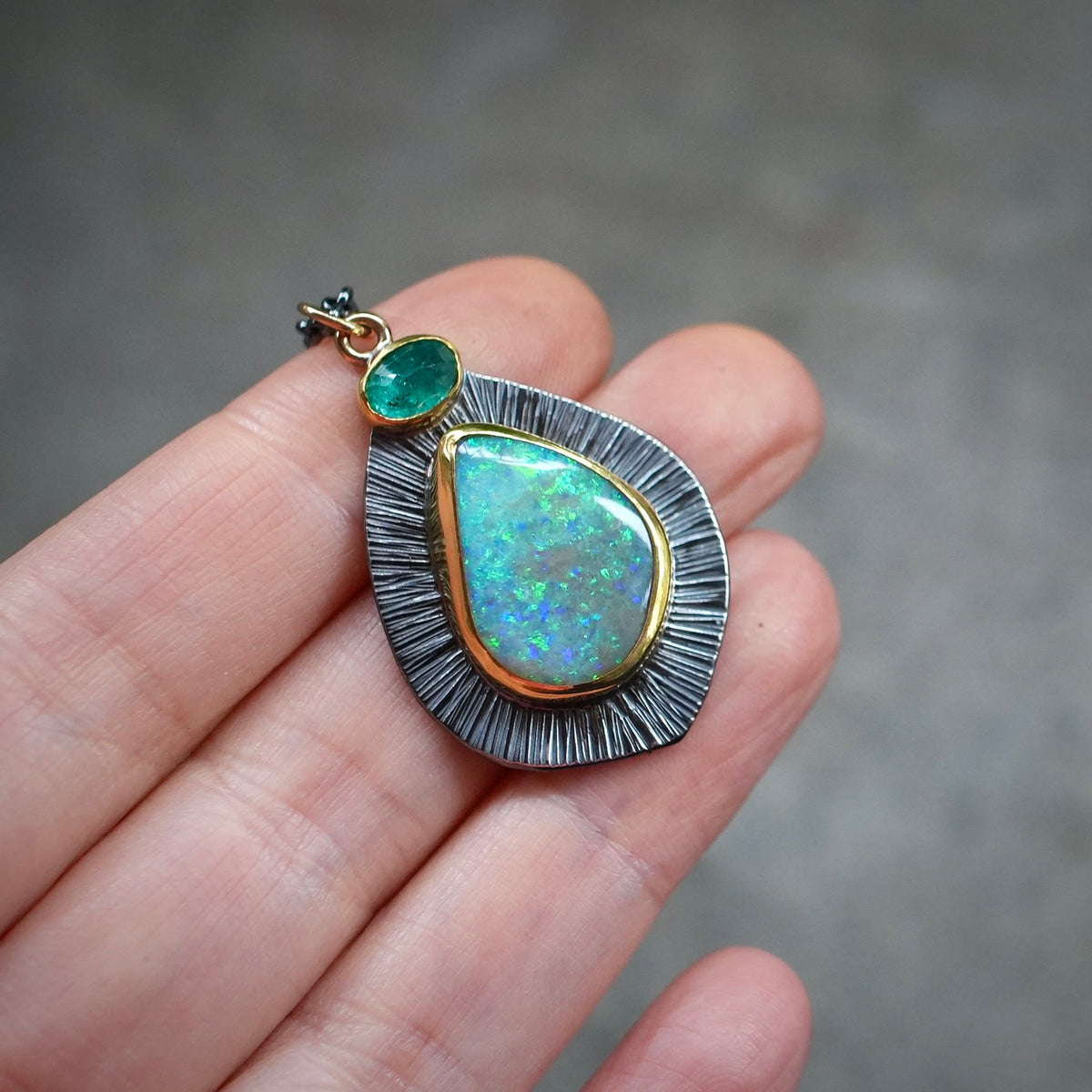 Lightning Ridge Crystal Opal and emerald pendant