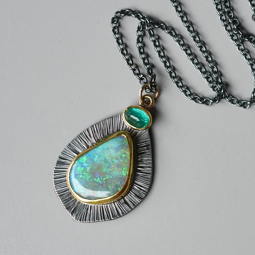 Lightning Ridge Crystal Opal and emerald pendant