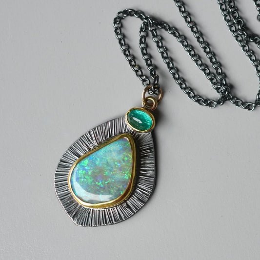 Lightning Ridge Crystal Opal and emerald pendant
