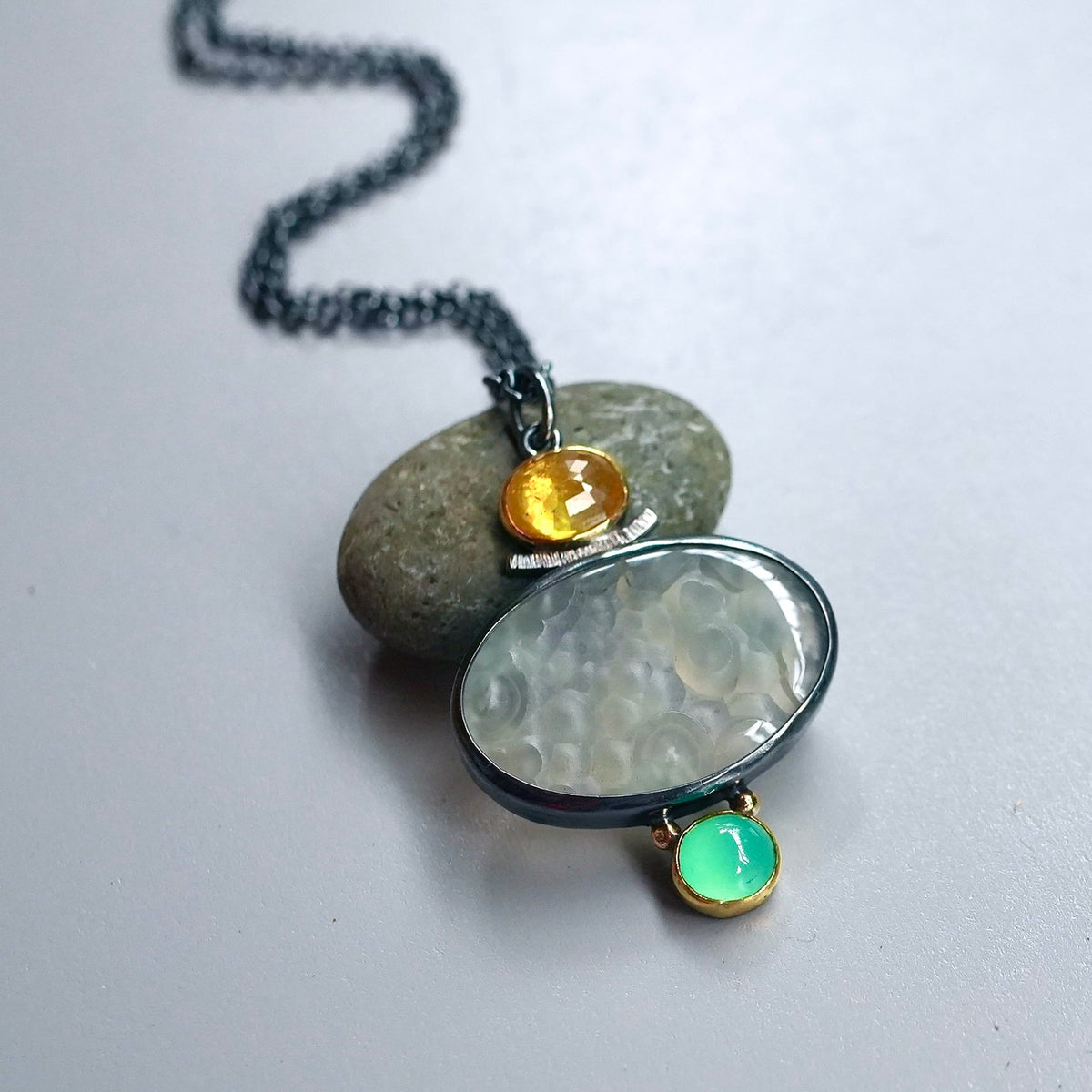 Botryoidal chalcedony druzy, yellow sapphire and chrysoprase pendant