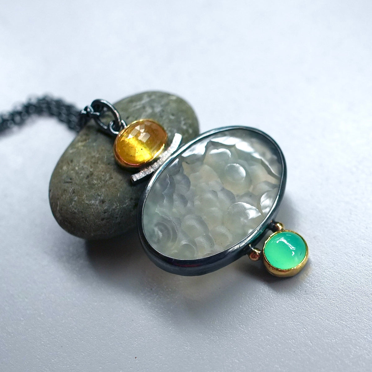 Botryoidal chalcedony druzy, yellow sapphire and chrysoprase pendant