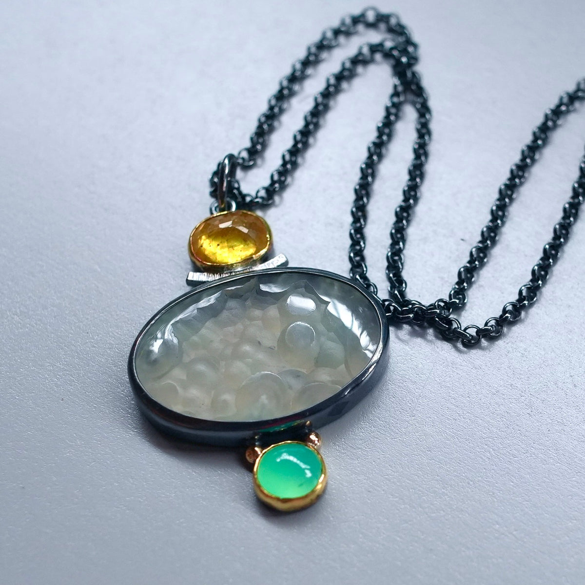 Botryoidal chalcedony druzy, yellow sapphire and chrysoprase pendant